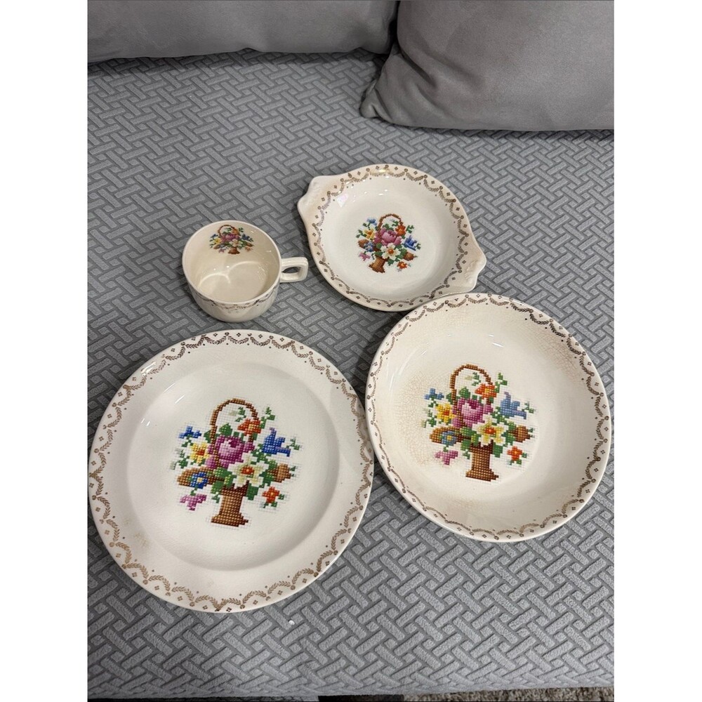 Vtg 4Pc Floral Basket Cross Stitch 22 Carat Gold Garland  Salem Dinnerware